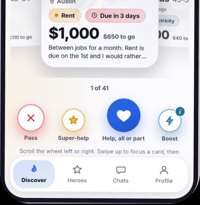 The Given app: Pass, Super-help, Help all or part and Boost buttons above a tab bar, under a rent bill of $1,000 with $650 to go.